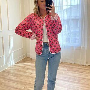 Womens Floral Jacket Quilted Lightweight Patched Coat Open Front Button Down
